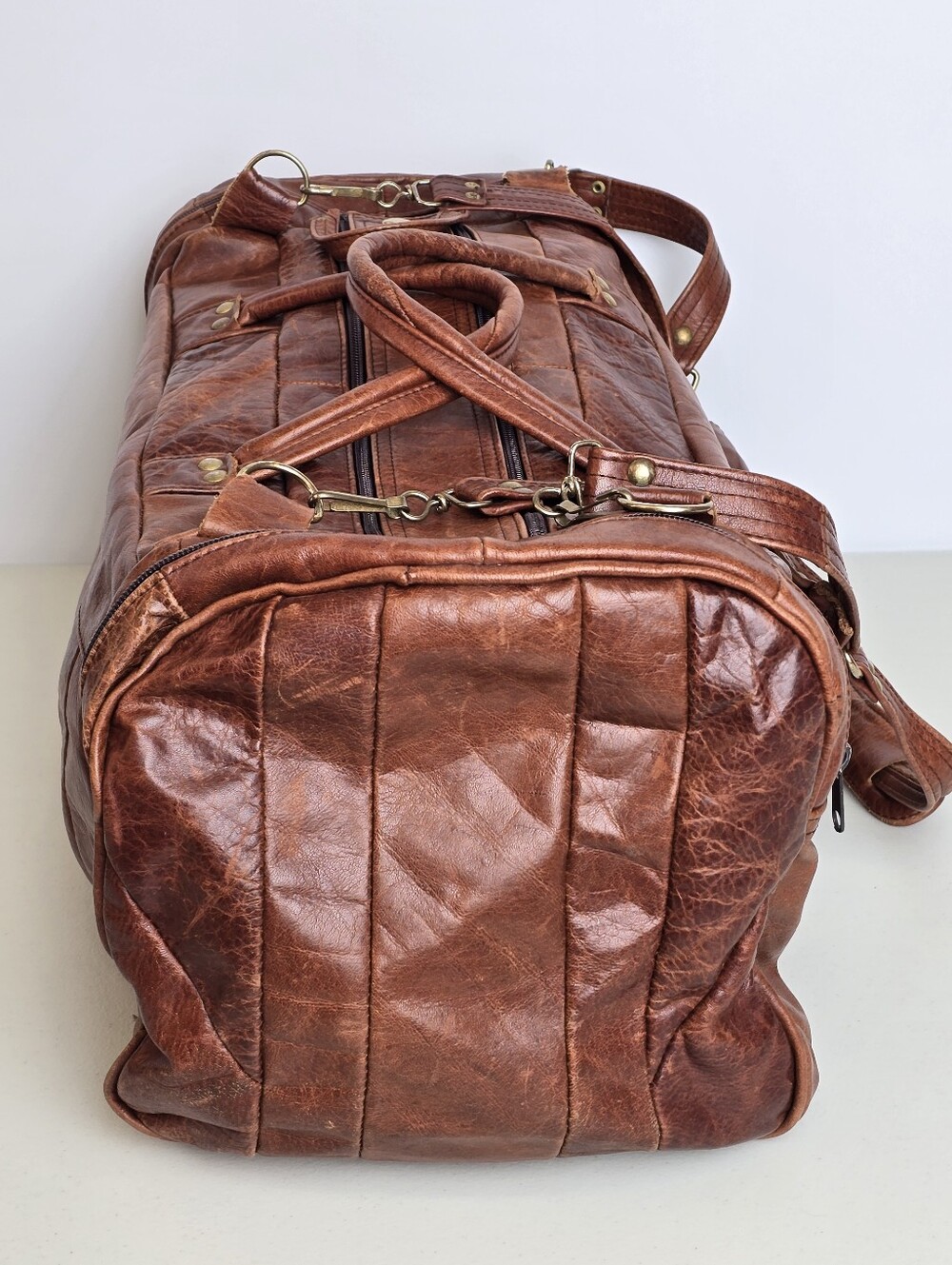 Vintage Made in Mexico Patchwork Distressed Finish Leather Duffle Weekender Bag - Picture 5 of 16